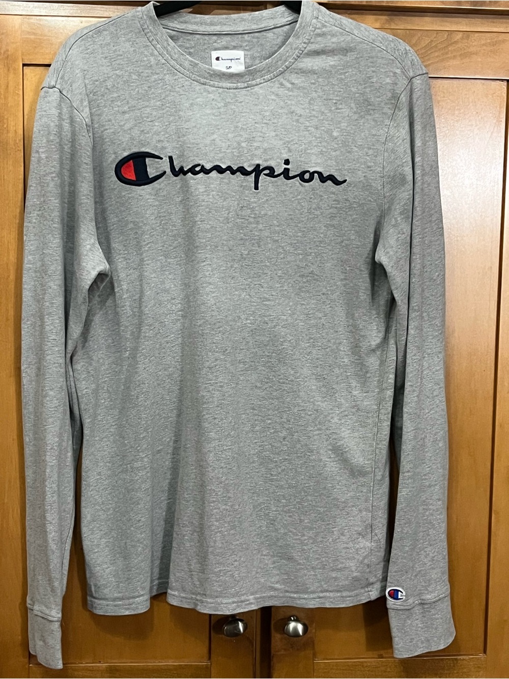 Champion Gray Long Sleeve Script Logo Tee with Red Accent Size Small